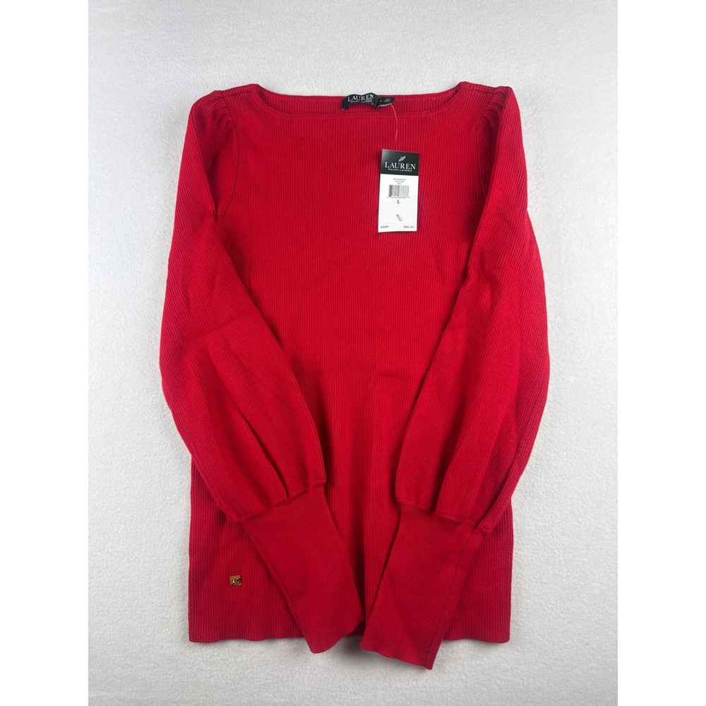 Lauren Ralph Lauren Red Ribbed Puff Sleeve Boat Neck Top Large NWT